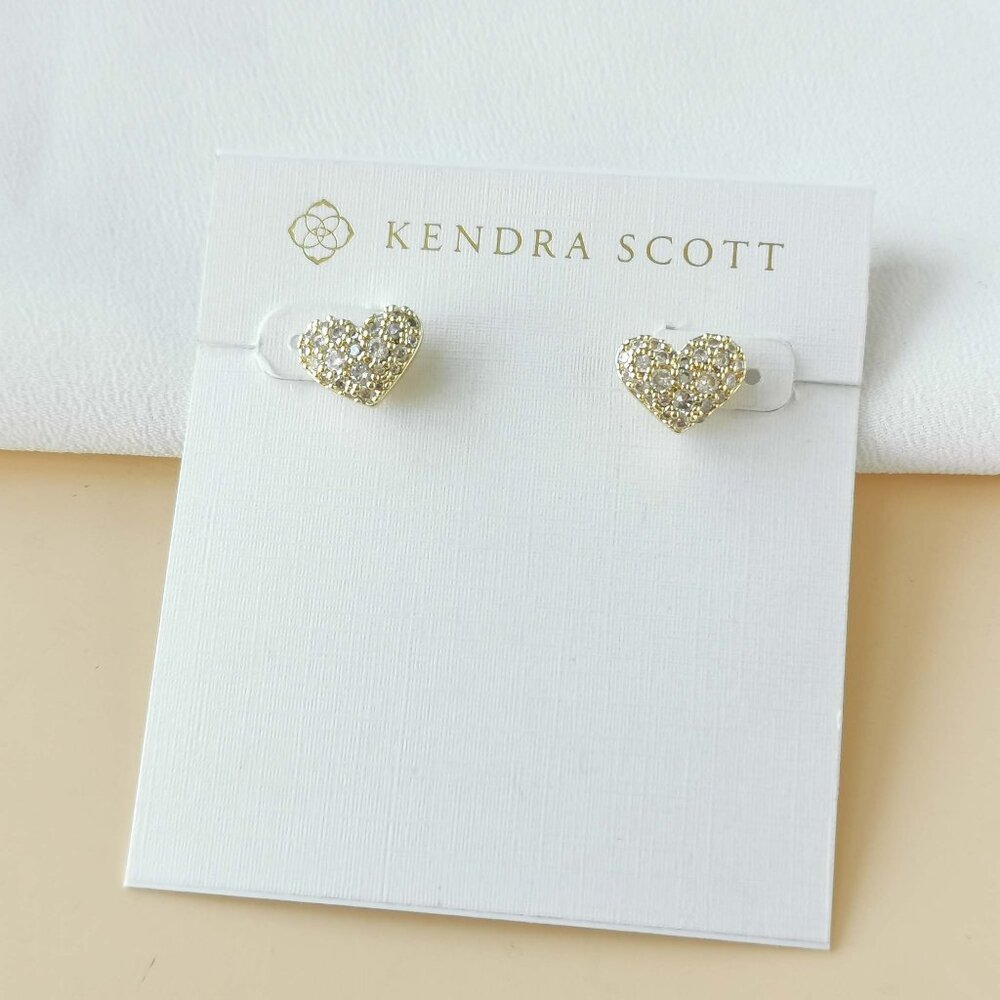 NEW Kendra Scott Ari Gold PAVE White Crystal Heart Earrings